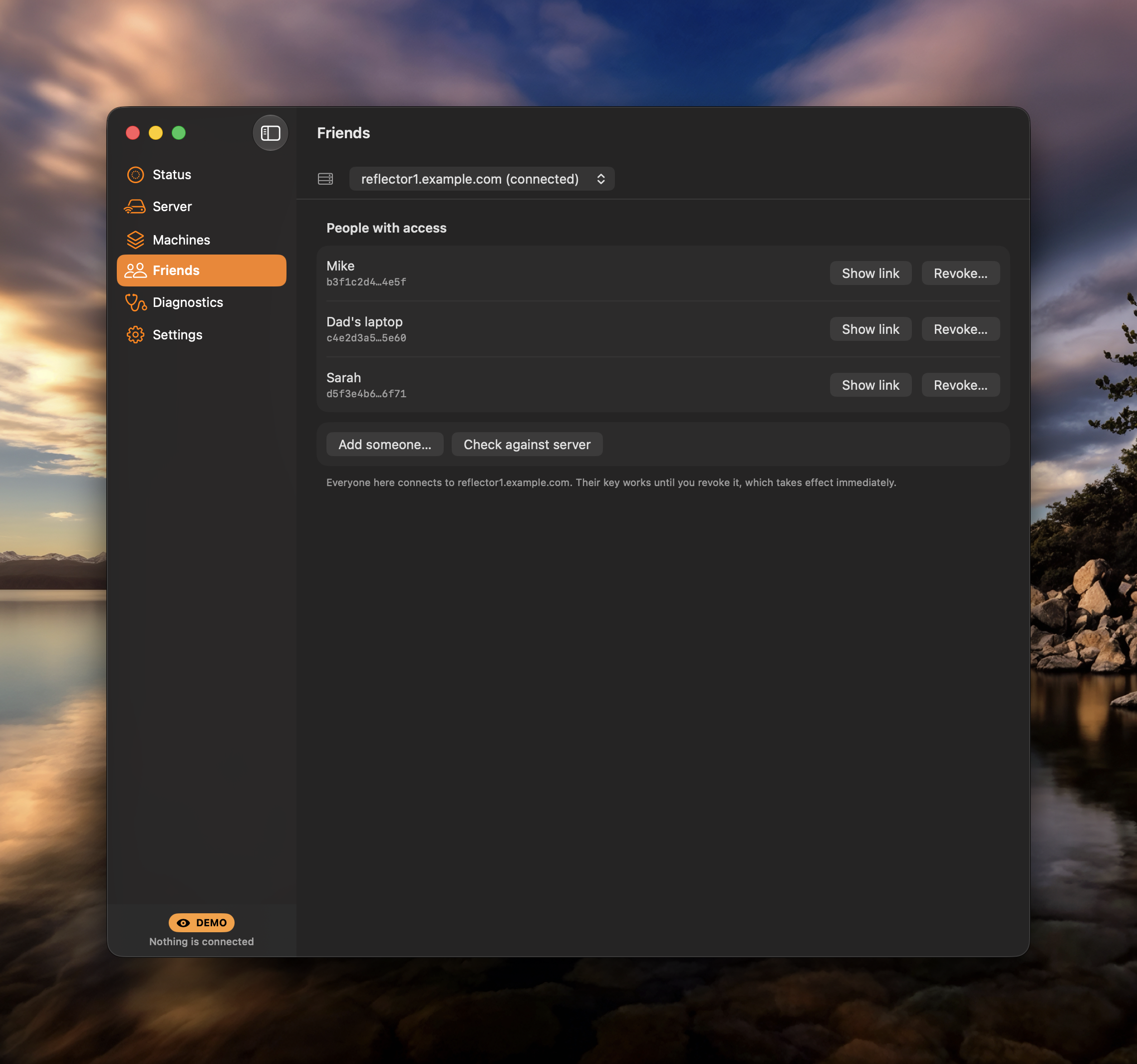 The Friends pane listing people with access, each with buttons to show their link or revoke it.