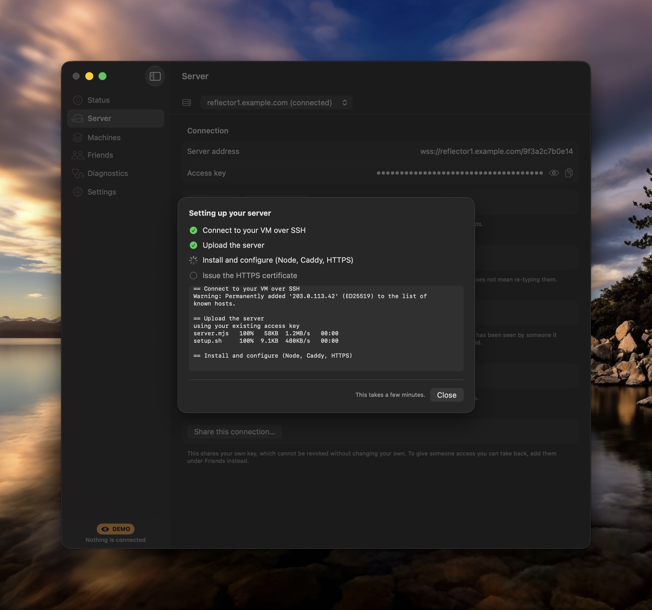 The setup sheet working through connecting over SSH, uploading the server, installing, and issuing an HTTPS certificate.